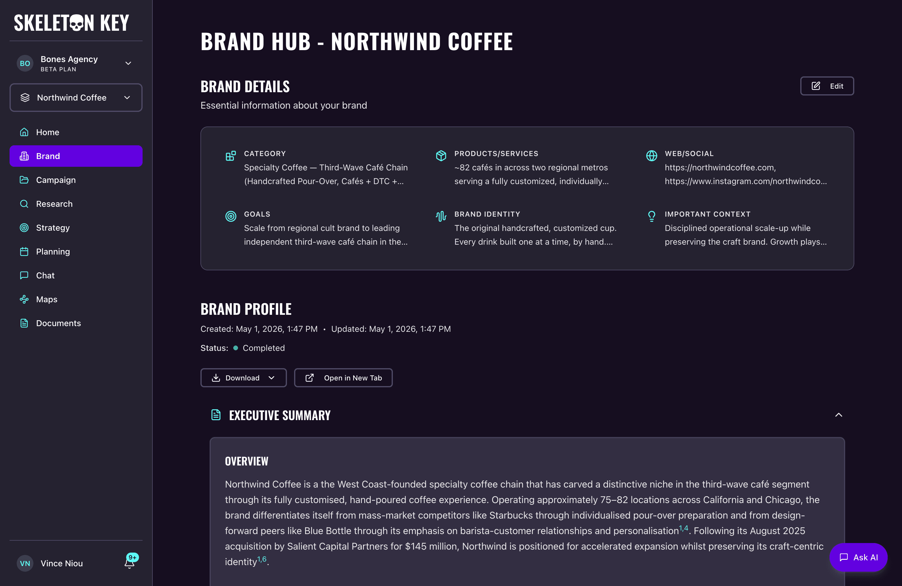 Skeleton Key Brand page showing the Northwind Coffee profile with intake fields, AI-generated profile body, and the brand selector and sidebar navigation