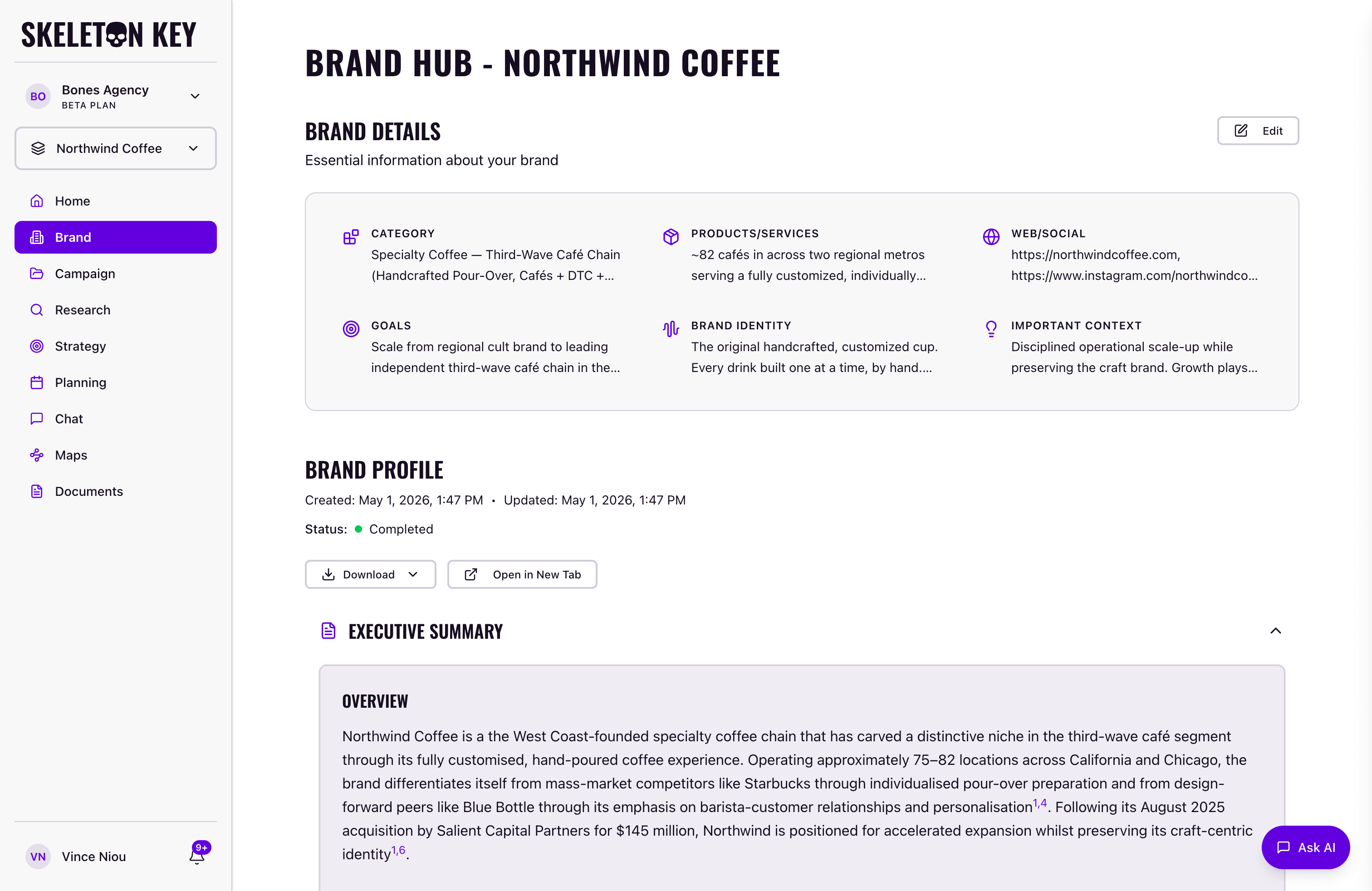 Skeleton Key Brand page showing the Northwind Coffee profile with intake fields, AI-generated profile body, and the brand selector and sidebar navigation
