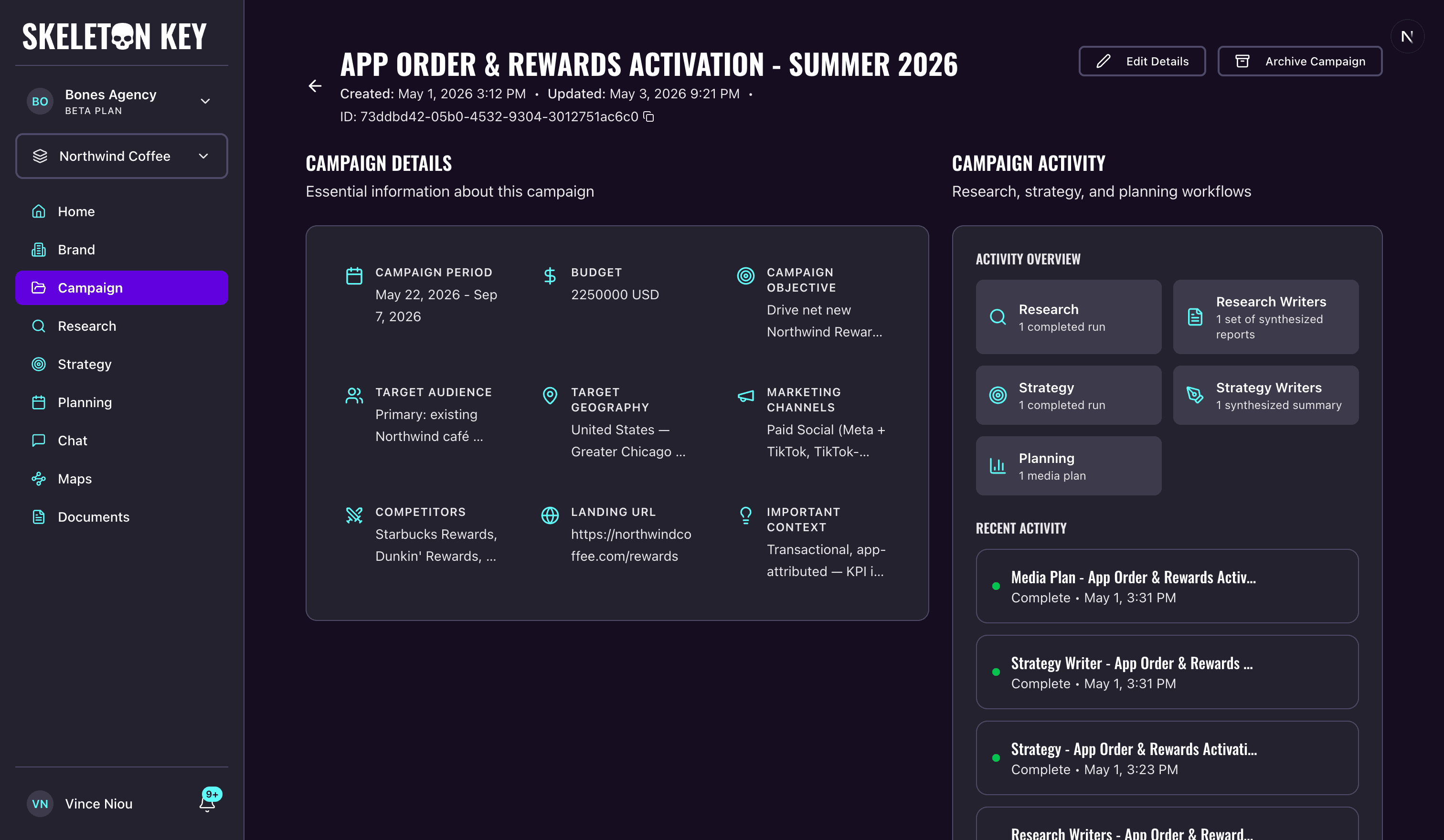 Skeleton Key Campaign Center showing campaign details for App Order & Rewards Activation - Summer 2026, with the campaign brief metadata in the left column and an activity overview plus recent activity feed in the right column