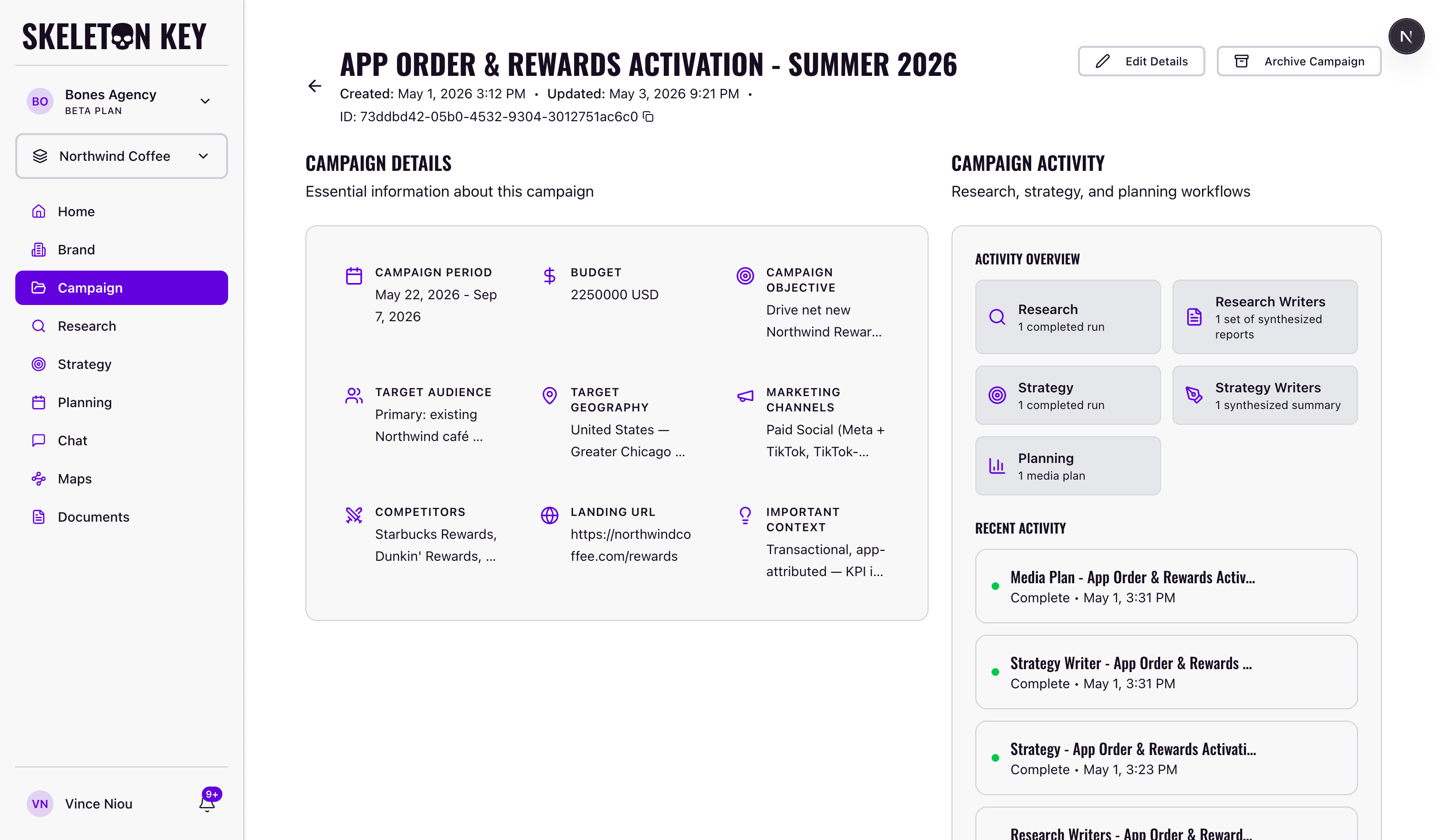 Skeleton Key Campaign Center showing campaign details for App Order & Rewards Activation - Summer 2026, with the campaign brief metadata in the left column and an activity overview plus recent activity feed in the right column