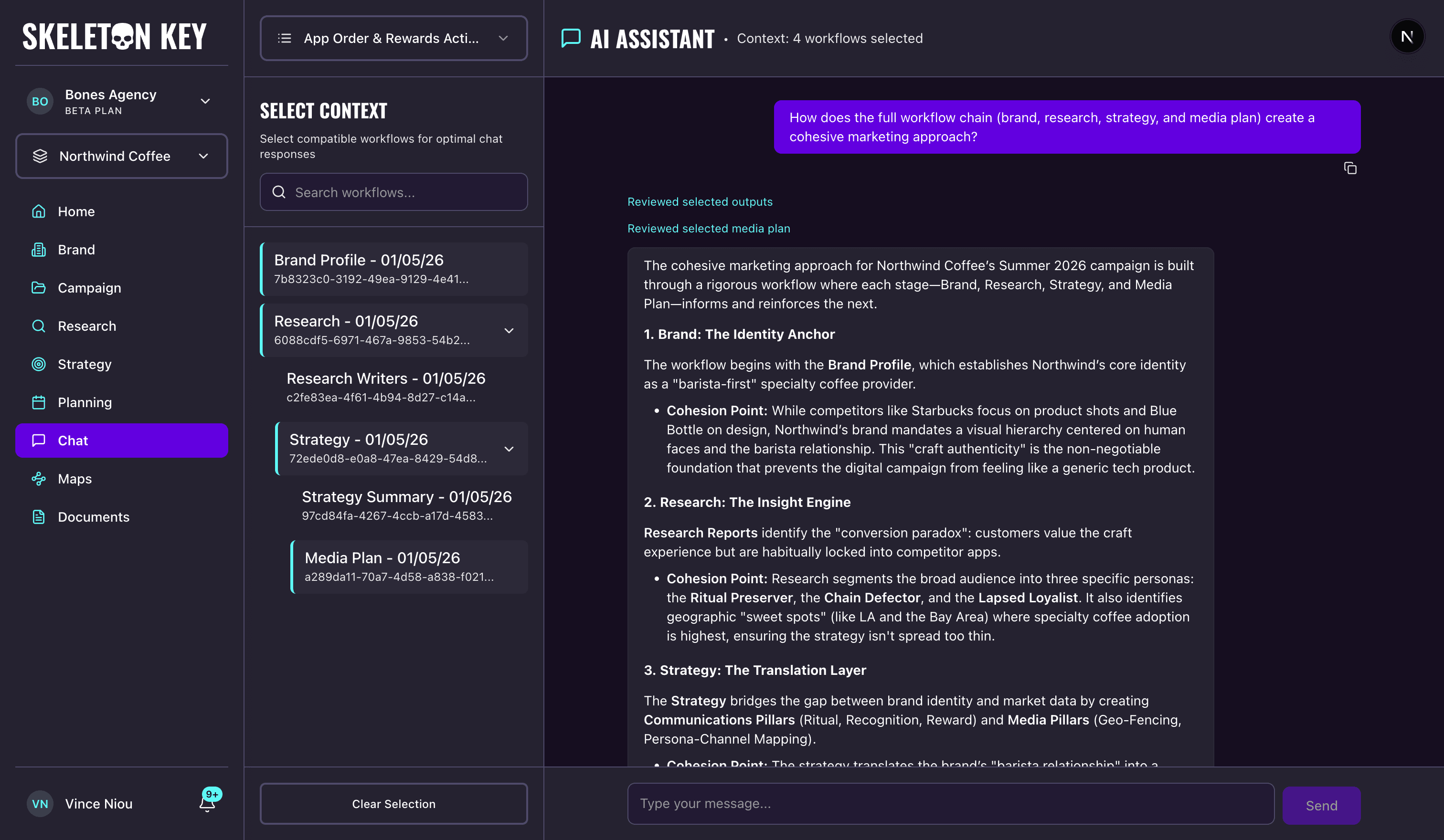 Skeleton Key Chat AI Assistant page with all four phase workflows selected as context (Brand Profile, Research, Strategy, and Media Plan) showing a multi-phase question about workflow cohesion and the assistant's grounded markdown response covering workflow integration and pillar-to-media mapping