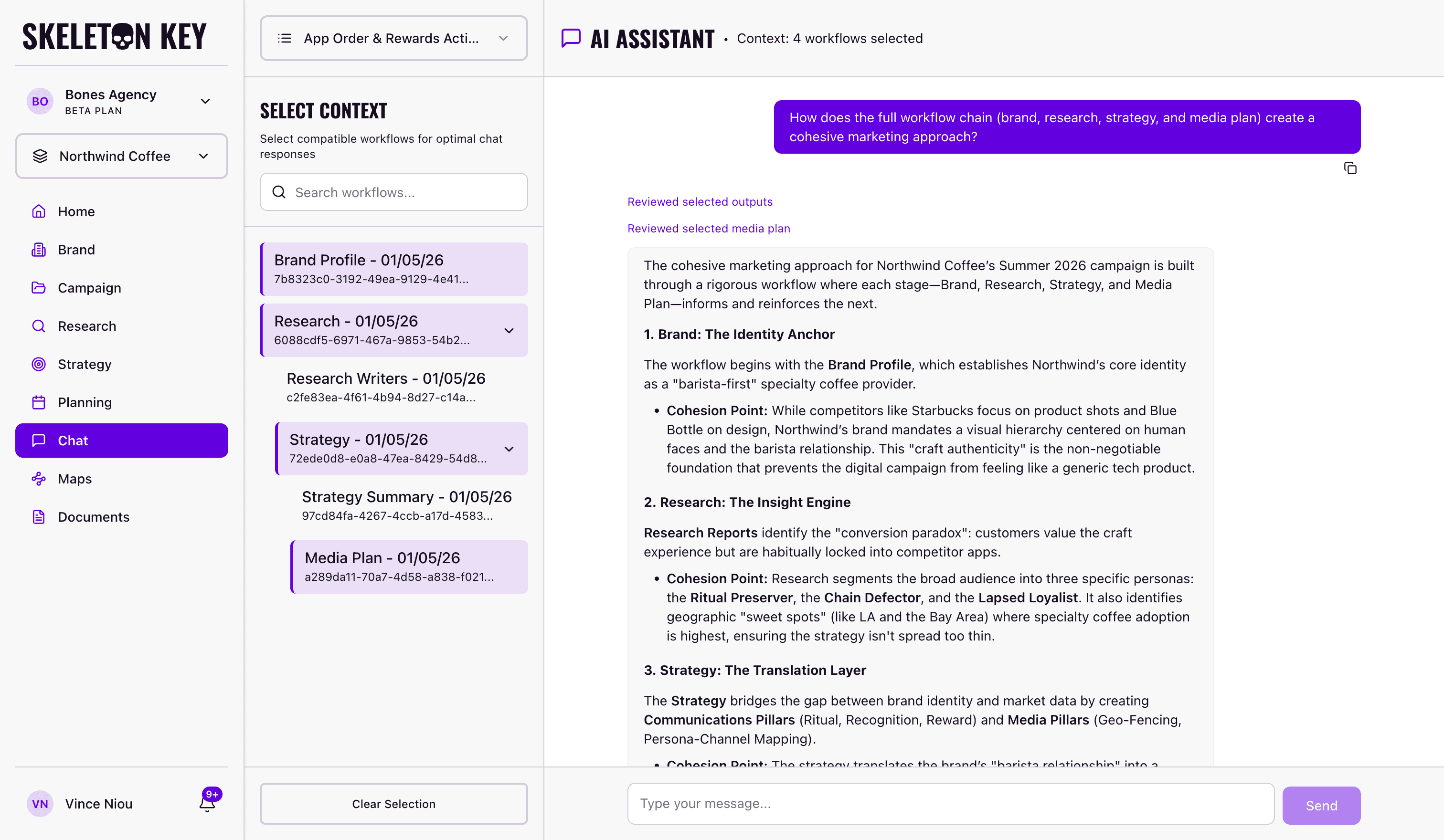 Skeleton Key Chat AI Assistant page with all four phase workflows selected as context (Brand Profile, Research, Strategy, and Media Plan) showing a multi-phase question about workflow cohesion and the assistant's grounded markdown response covering workflow integration and pillar-to-media mapping