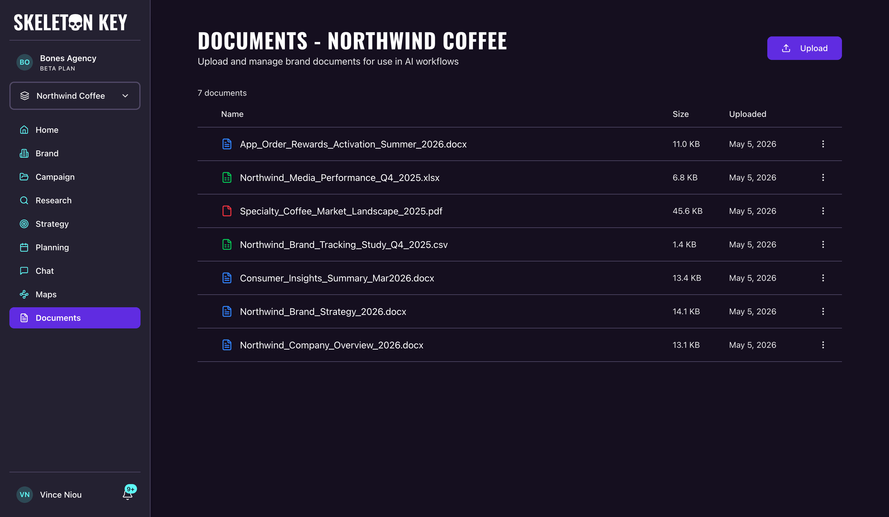 Skeleton Key Documents page for the Northwind Coffee brand showing the per-brand library with several uploaded files (PDFs and Word docs), each row listing filename, file size, and upload date, with an Upload button at the top right and a three-dot row menu for rename, download, and delete actions