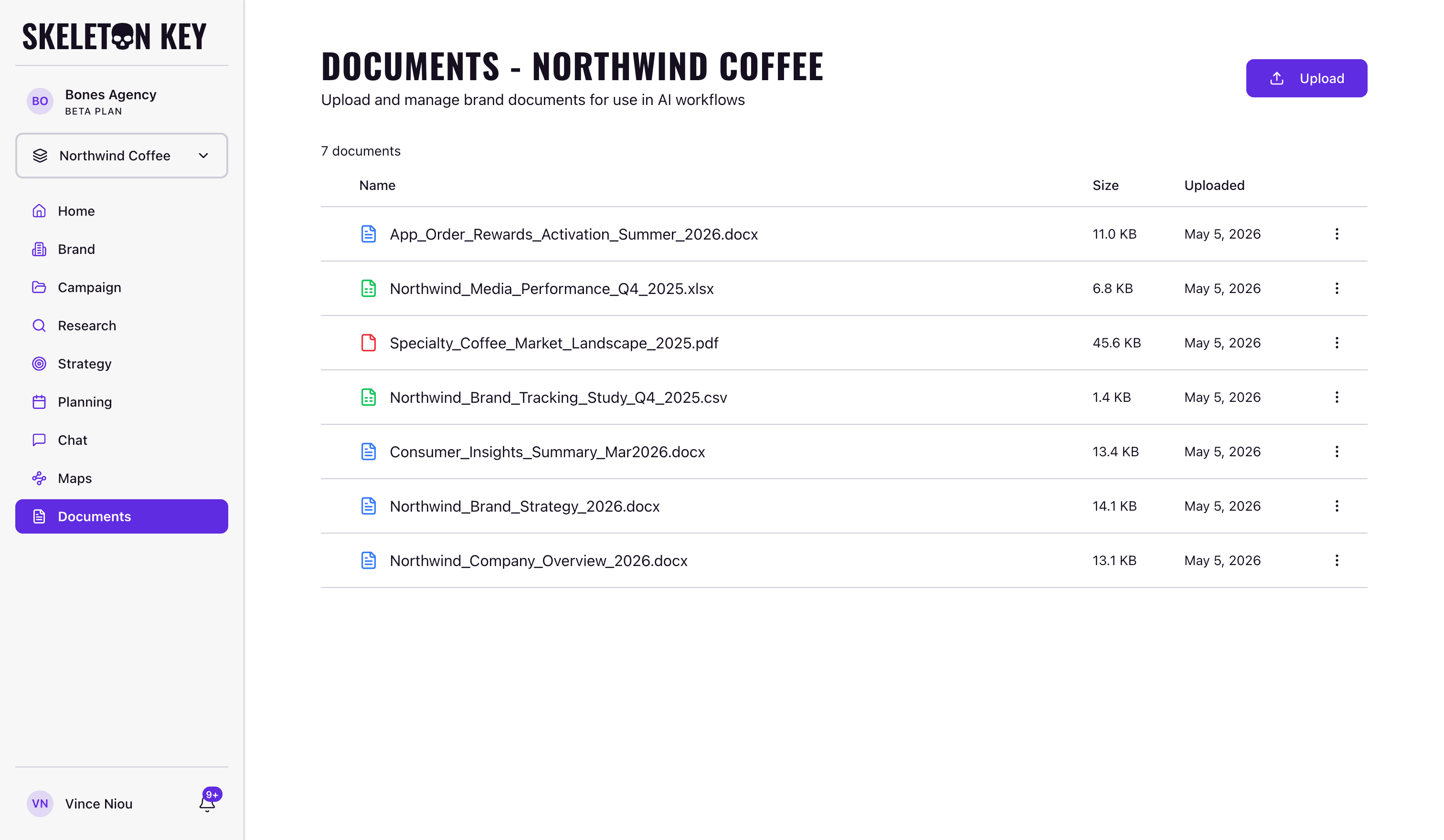 Skeleton Key Documents page for the Northwind Coffee brand showing the per-brand library with several uploaded files (PDFs and Word docs), each row listing filename, file size, and upload date, with an Upload button at the top right and a three-dot row menu for rename, download, and delete actions