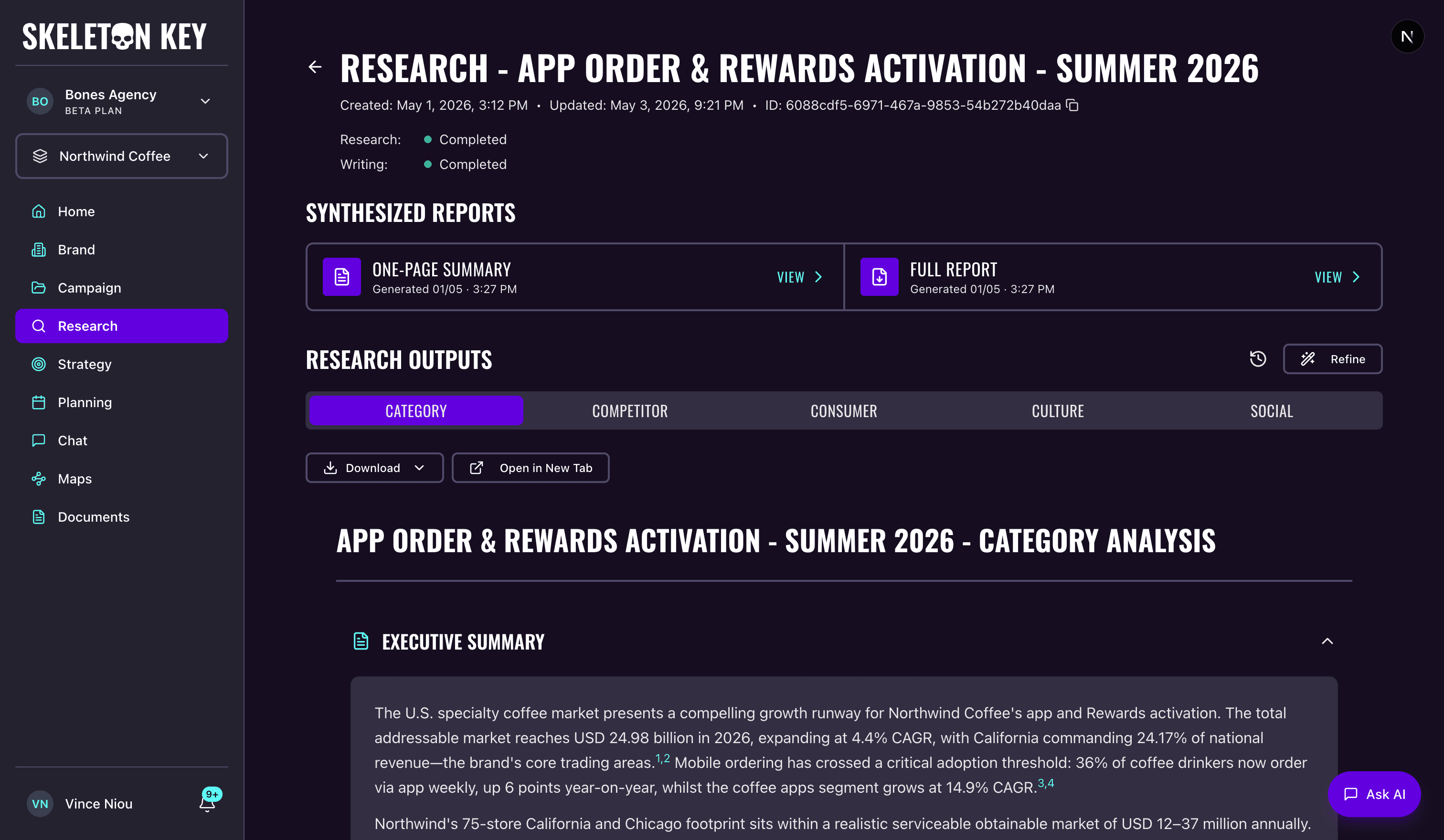 Skeleton Key Research detail page for the App Order & Rewards Activation - Summer 2026 campaign, showing the synthesized reports manifest strip with one-pager and full report ready, the dimension tab strip with Category active, and the rendered Category Analysis output below