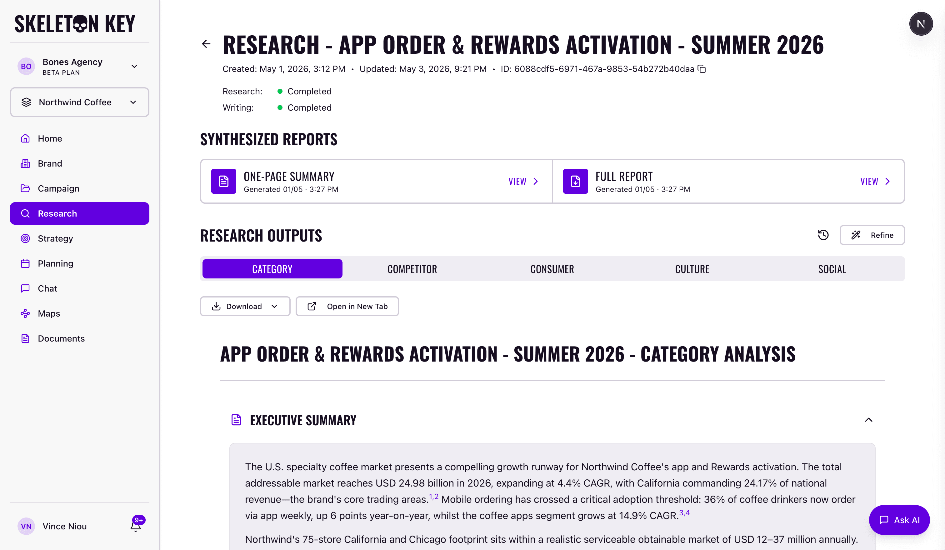 Skeleton Key Research detail page for the App Order & Rewards Activation - Summer 2026 campaign, showing the synthesized reports manifest strip with one-pager and full report ready, the dimension tab strip with Category active, and the rendered Category Analysis output below