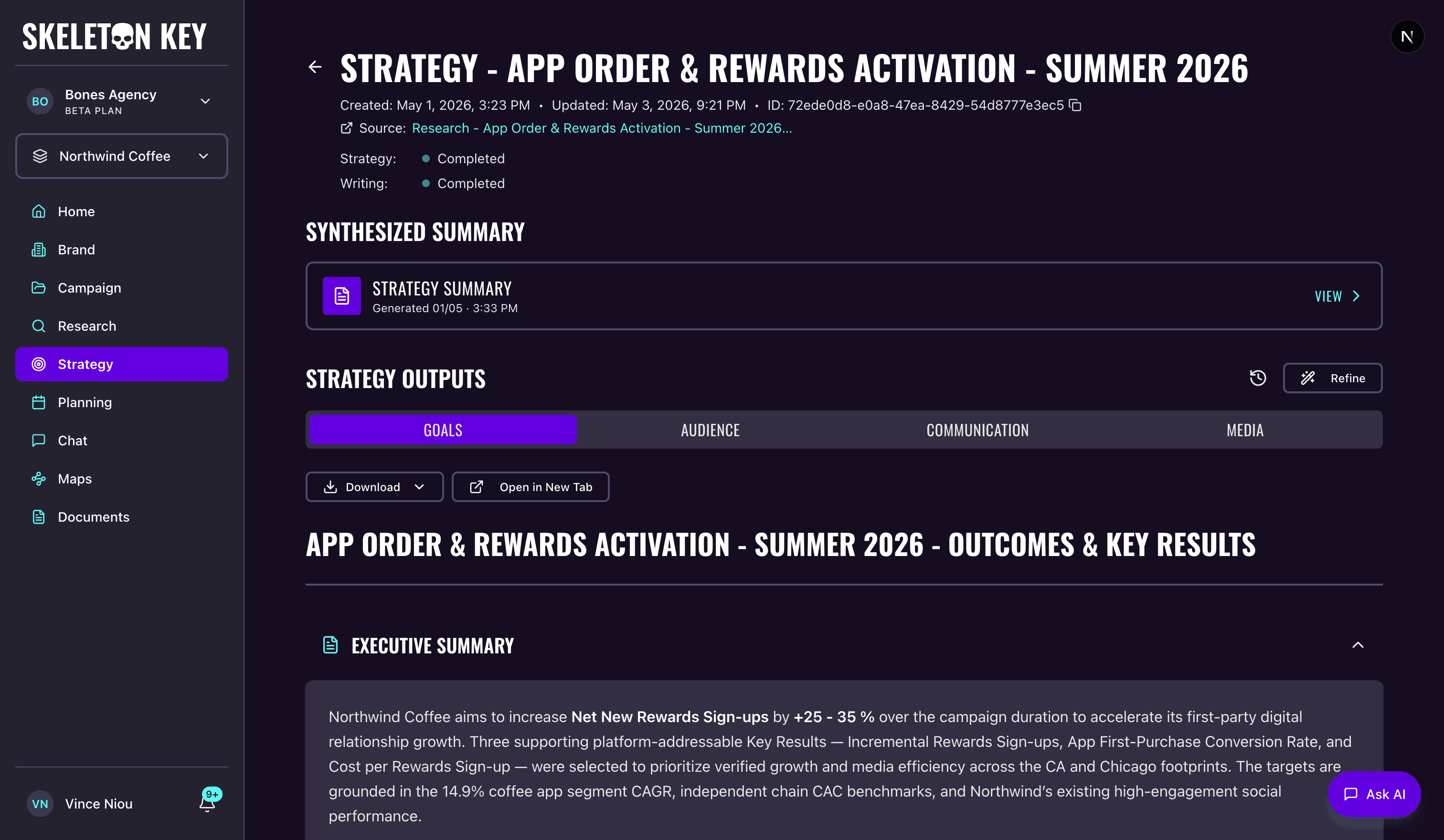 Skeleton Key Strategy detail page for the App Order & Rewards Activation - Summer 2026 campaign, showing the Strategy Summary manifest strip in ready state, the four strategist tabs with Goals active, and the rendered Outcomes & Key Results output below