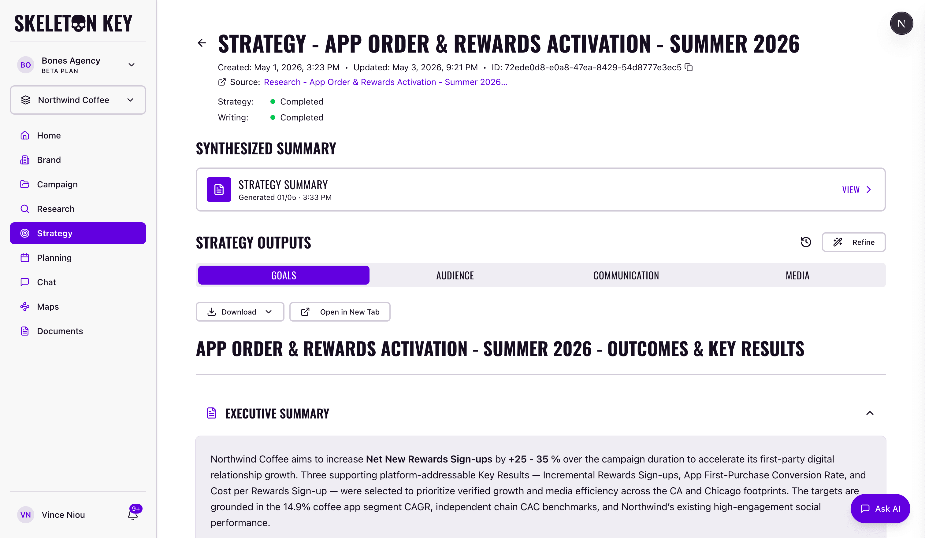 Skeleton Key Strategy detail page for the App Order & Rewards Activation - Summer 2026 campaign, showing the Strategy Summary manifest strip in ready state, the four strategist tabs with Goals active, and the rendered Outcomes & Key Results output below