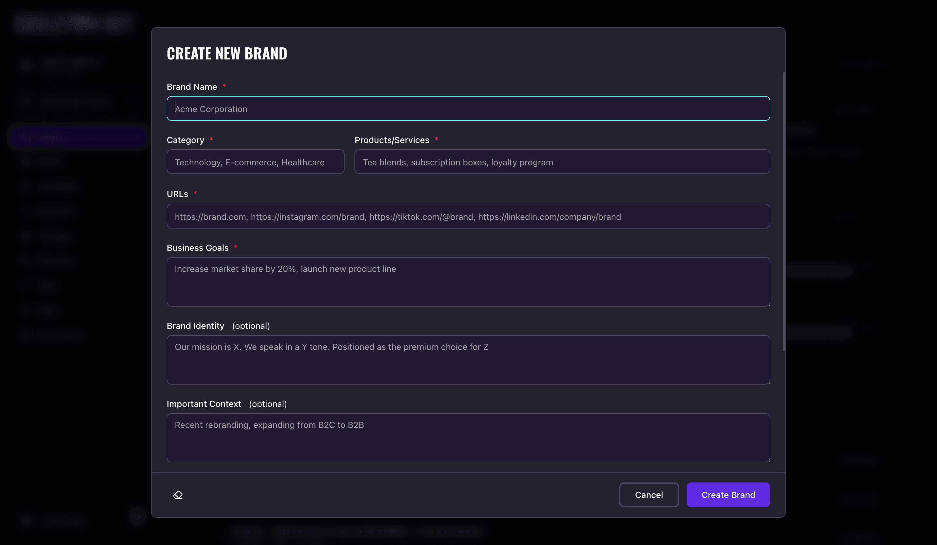 Skeleton Key Create Brand dialog opened over the home dashboard, showing the brand intake form with fields for brand name, website, social URLs, positioning, and known competitors