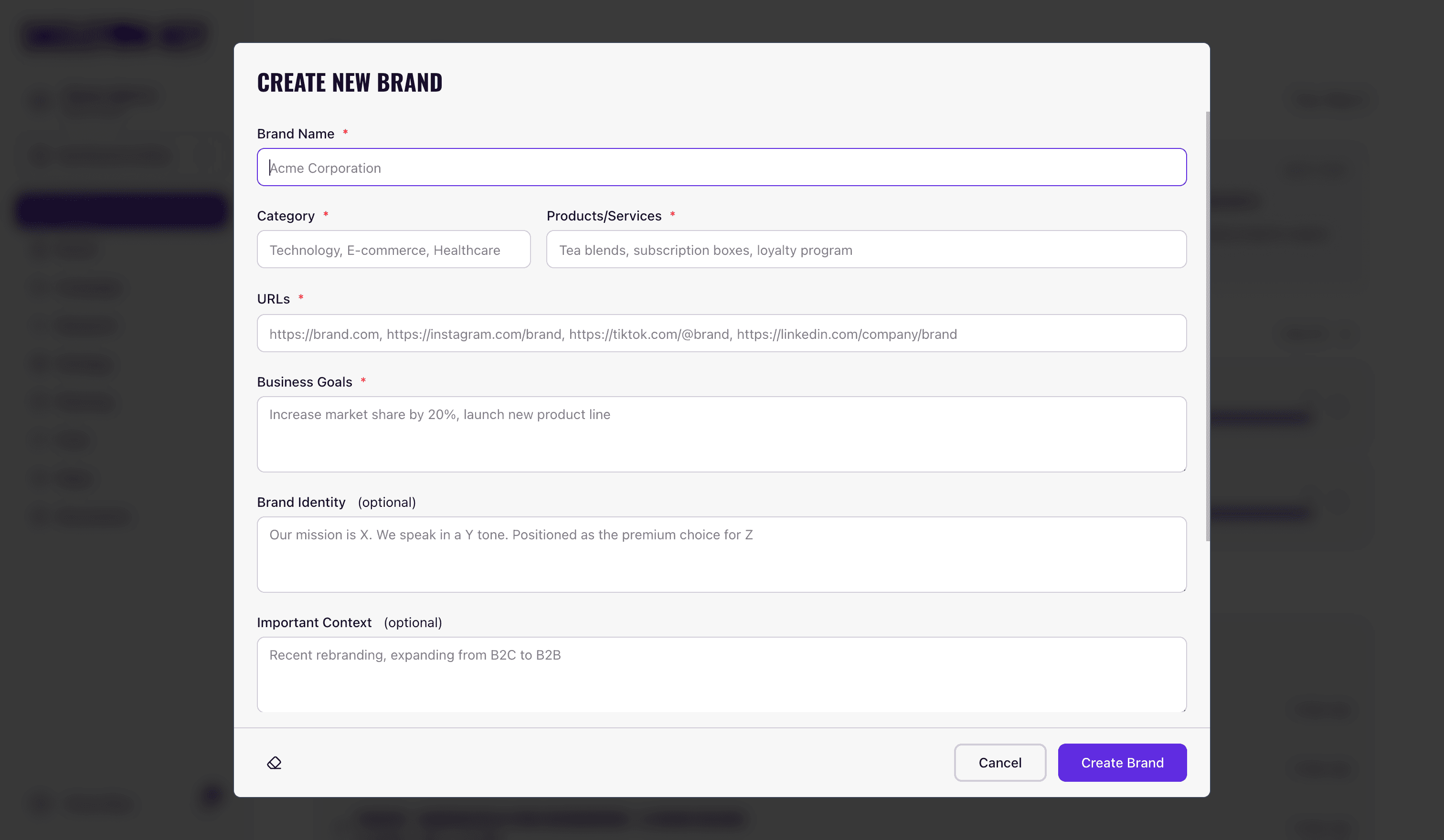 Skeleton Key Create Brand dialog opened over the home dashboard, showing the brand intake form with fields for brand name, website, social URLs, positioning, and known competitors