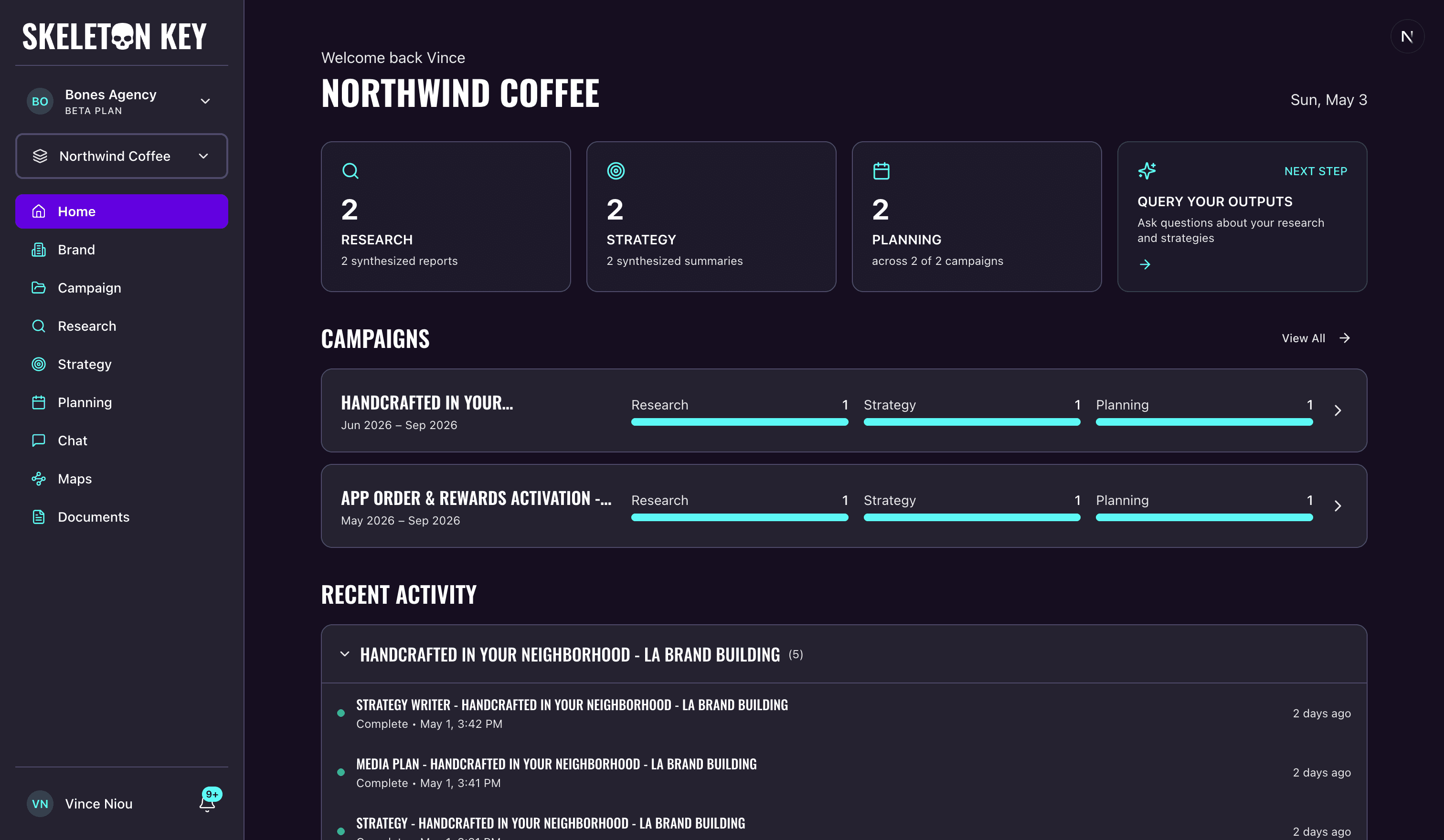 Skeleton Key home dashboard for the Northwind Coffee brand showing the Research / Strategy / Planning stat cards and Next Step CTA above a pipeline-progress list of campaigns, with the Recent Activity feed grouped by campaign at the bottom