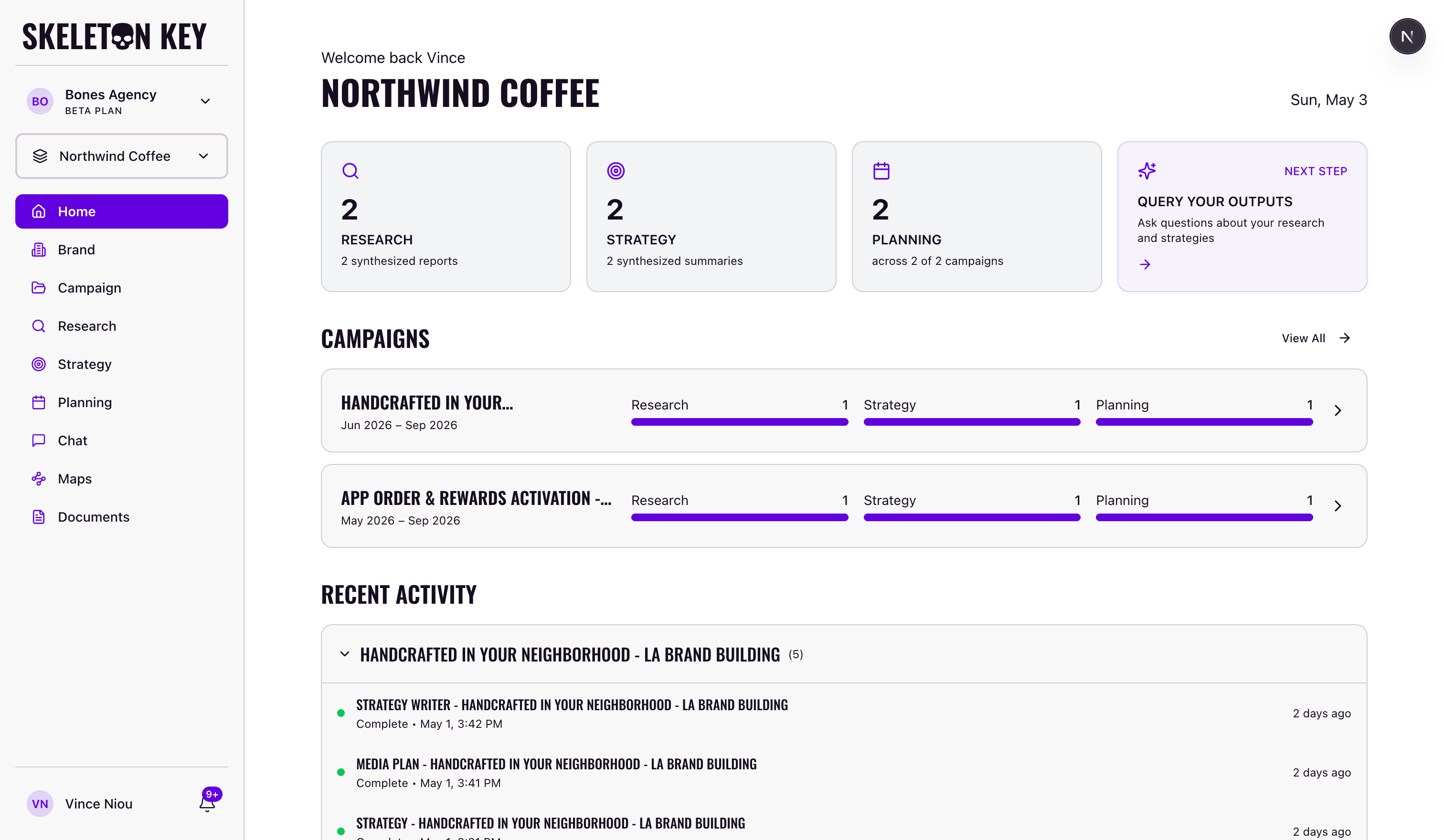 Skeleton Key home dashboard for the Northwind Coffee brand showing the Research / Strategy / Planning stat cards and Next Step CTA above a pipeline-progress list of campaigns, with the Recent Activity feed grouped by campaign at the bottom